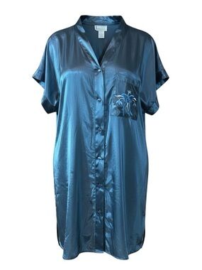 Silky Navy Embroidered Pocket Chemise - Vintage